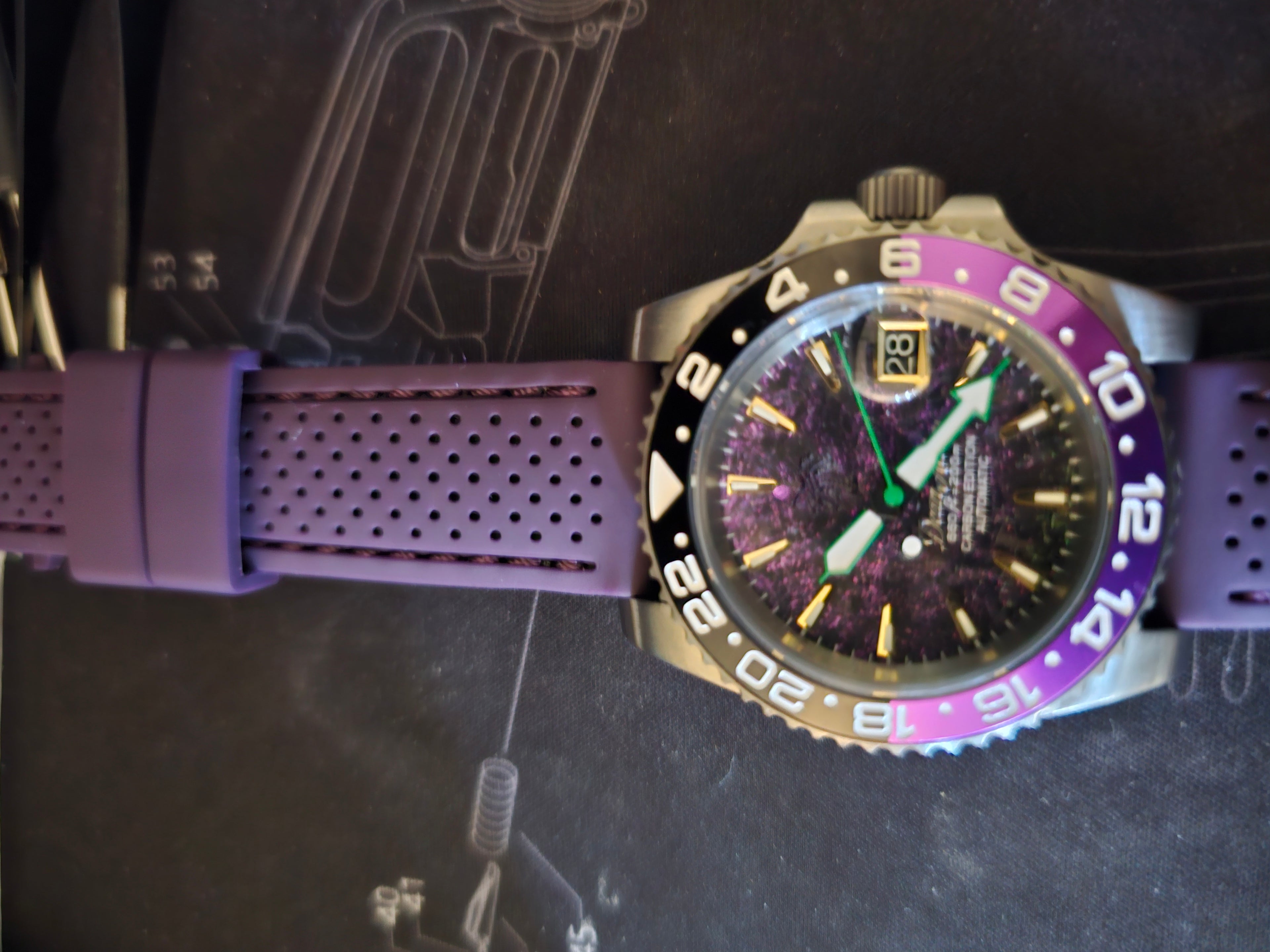 Mechanical Watch. Full Titanium. NH35A movement. Black&purple carbon dial with C3 lume. 200m Water Resistant.