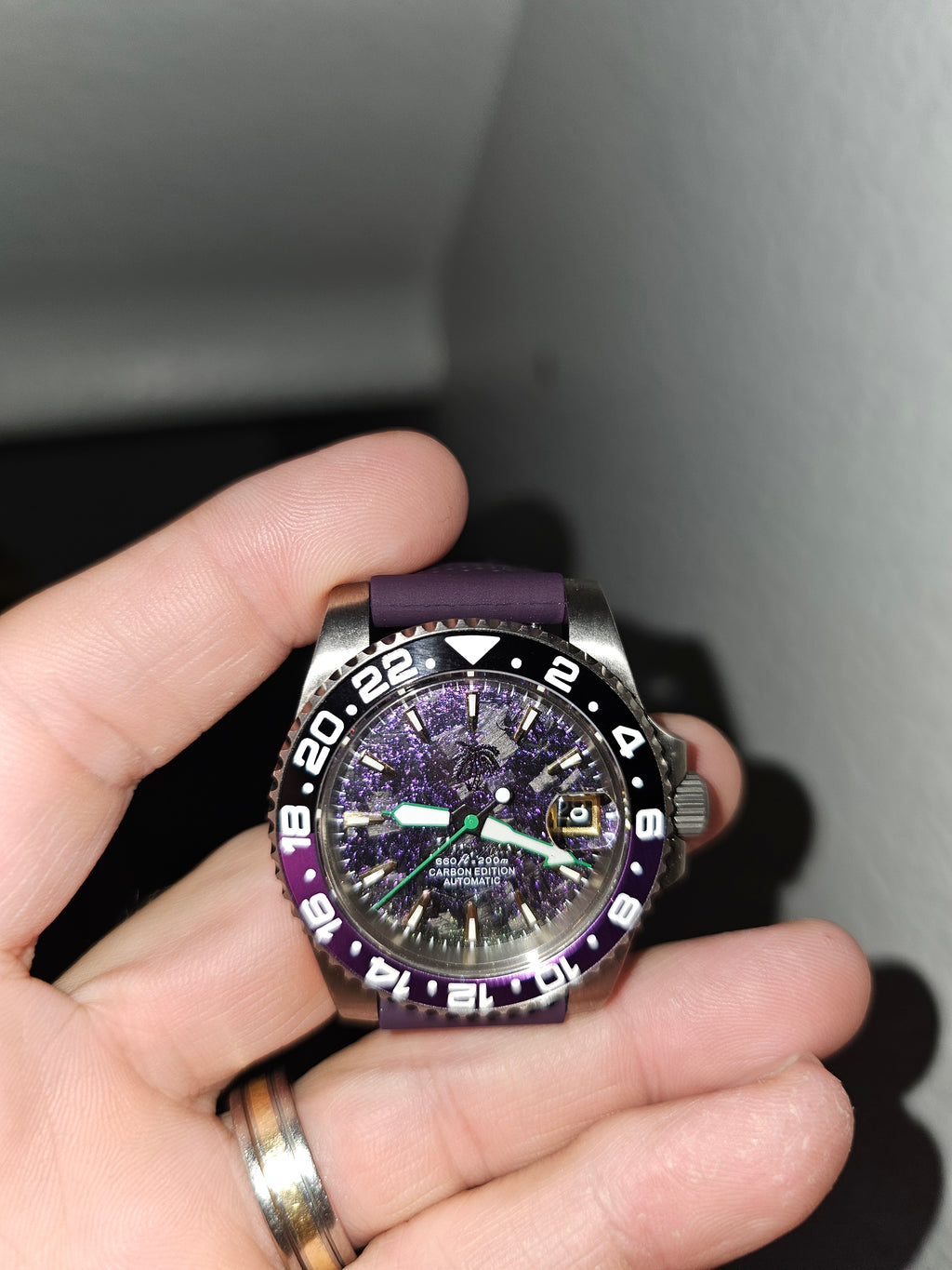 Mechanical Watch. Full Titanium. NH35A movement. Black&purple carbon dial with C3 lume. 200m Water Resistant.